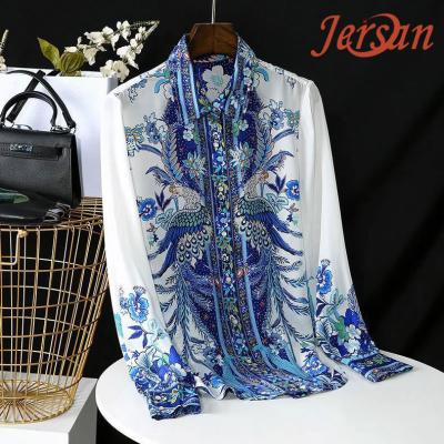 China Anti-pilling popular 2022 autumn new vintage silk shirt Phoenix print top chiffon long-sleeved shirt for sale