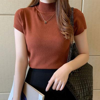 China 2022 New Fashion Breathable Women Girls Stand Collar Sweater Blouse Shorts Sheath Solid Color Knit Slim Casual Sweater for sale