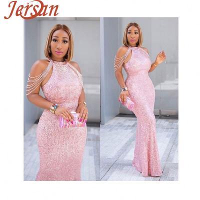 China Christmas Pink Evening Dress 5xl Vestido De Noite Anti-wrinkle African Sequins Mermaid Bridesmaid Party Dress for sale