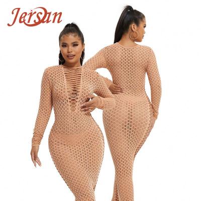 China New Customized Anti-Static Fashion See Hole Bodycon Long Sleeve Maxi Fishnet Dresses Sheer Club Dress For Women Sexy Fishnet Dress for sale