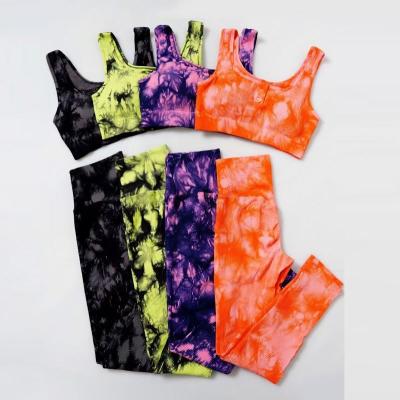 China Breathable 2 Piece Women Fitness Clothing Activewear Ribbed Tie Dyed Gaiters Sets Yoga Clothes Women Yoga Set 2022 for sale