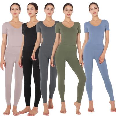 China Fashion New Arrival Breathable Skin Nudity Short Sleeve Yoga Clothing Activewear Leggings Fitness 2 Pcs Set for sale