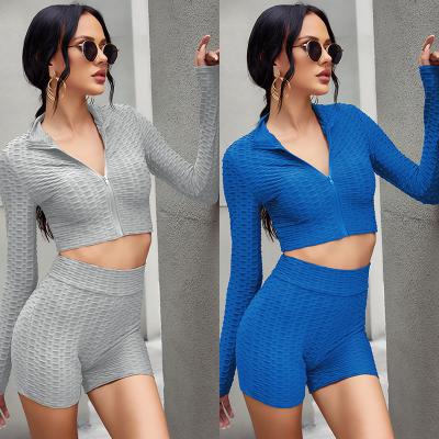 China Hot Selling Antibacterial Yoga Long Sleeve Zipper Tight Jacket Set Yoga Wear Fitness Wear Women's Yoga Set for sale