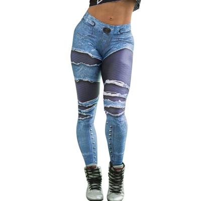 China 2019 Hot Sale Antibacterial Denim Women's Elastic High Waist Yoga Pants Breathable Slim Legging Gym Sport Wear for sale