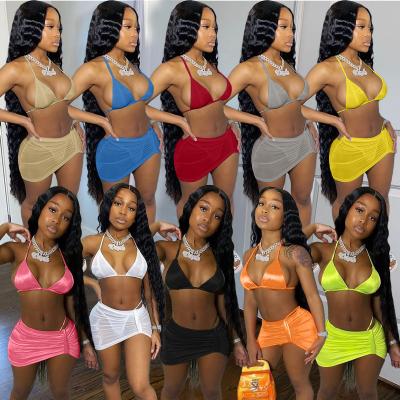 China New Arrivals Breathable 2021 Summer Bikini Swimwear Three Piece Set Neck Women Swimwear In 15 Colors for sale