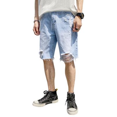 China Breathable Hip Hop Ripped Vintage-Edge Washed Blue Destroyed Shorts Jeans Men for sale