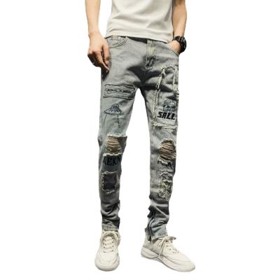 China Breathable Mens Patchwork Ankle Length Ripped Vintage Embroidered Jeans UFO Painted Jeans for sale