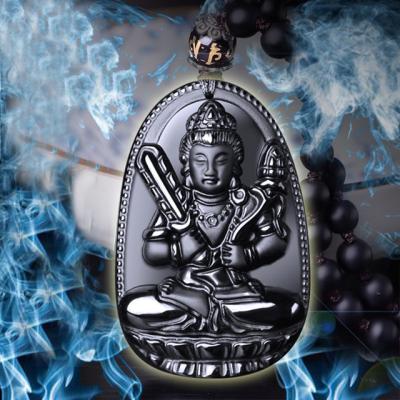 China Top Sale FengShui Obsidian Gemstone Buddha Bodhisattva Amulet Talisman Buddha Religious Necklace Pendant for sale