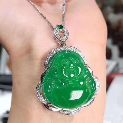 China Religious Green CZ Agate JadeBudha Statues Silver Plated Setting Smiling Buddha Pendant For Necklace for sale