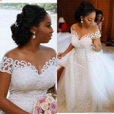 China Breathable Vestidos De Novia African Sheer Handwork Neck Plus Size Bridal Lace Two In One Short Sleeve Wedding Dresses MWA1000 for sale