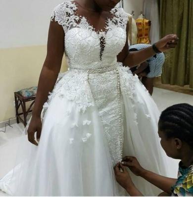 China Breathable Vestidos De Novia African Sheer Handwork Neck Plus Size Lace Bridal Wedding Dresses With Detachable Train MWA521 for sale