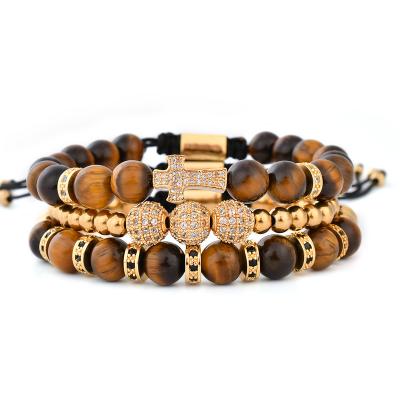 China F339 18k Gold Tiger Eye Bead Stone Trendy Bracelet Adjustable Silver Men's Cross Bracelet For Men With Gifts for sale