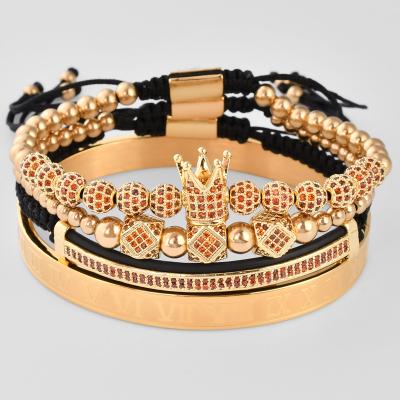 China Environmental Friendly Red Zircon F311 Bead Set Charm Mens Cuff Wholesale Stainless Steel Micro Pave CZ King Crown Braided Macrame Bracelet for sale