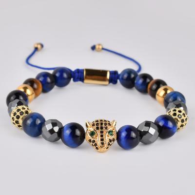 China Wholesale FASHIONABLE F315 CZ Mirco Pave Crown Charm Blue Tiger Eye Stone Beads Men Women Couples Handmade Macrame Bracelet for sale