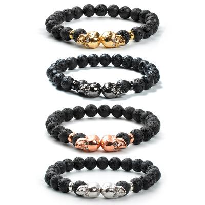 China F148 Natural Gifts For Friend Gifts For Dad Wholesale Lava Stone Volcanic Skull Beaded Beads Men's Simple Bracelet for sale