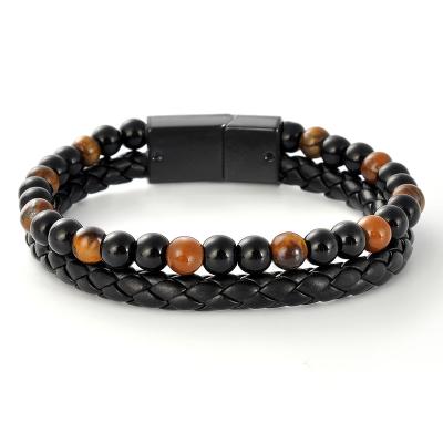 China Multilayer Woven Leather Brown Tiger Eye Bead Bracelet CLASSIC Male Black Magnetic Buckle Stainless Steel Bracelets F203 for sale