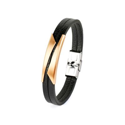 China F271 FASHION Bangle Men Stainless Steel Fashion Jewelry With Metal Charm Wrap Genuine Leather Bracelet for sale