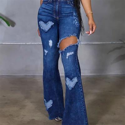 China Breathable YSJ Customized Heart Pattern Patched Raw Ripped Edge Flare Women Jeans for sale