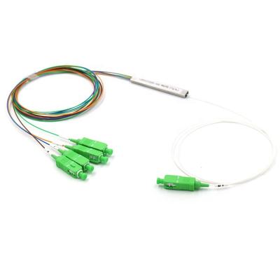 China Mini Steel tube 1x4 PLC Fiber Optic Splitter G657A2 900um Pigtail SC/APC For CATV/FTTH for sale