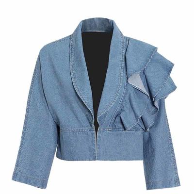 China New Design V-Neck Long Sleeve Patchwork High Quality Anti-Shrink Ruffle Denim Short Solid Shirt For Women for sale