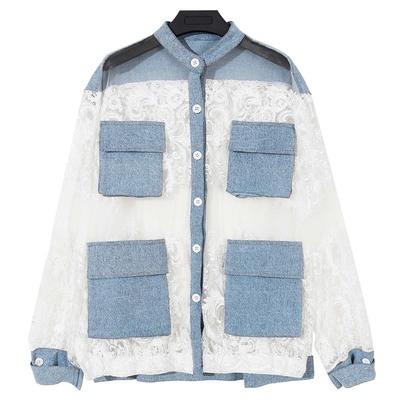 China 2021 Anti-wrinkle fashion one size perspective soft lace up denim stitching button up women's jackets and coats for sale