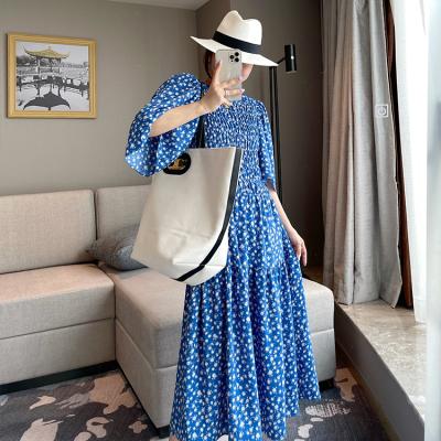 China Fashion Hot Blue Floral Round Neck Dress Anti-wrinkle 2021 Summer Short Sleeve Woman Casual Outfits for sale