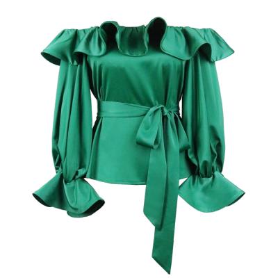 China Autumn Christmas Off Shoulder Green High Quality Anti-Shrink Ruffle Lantern Sheath Lady Plus Size Blouse Shirts for sale