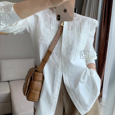 China 2021 Summer New Anti-wrinkle Women's Loose Solid Color Lace Hollow Shirt Woman Tops Fashionable Ladies Blouses for sale