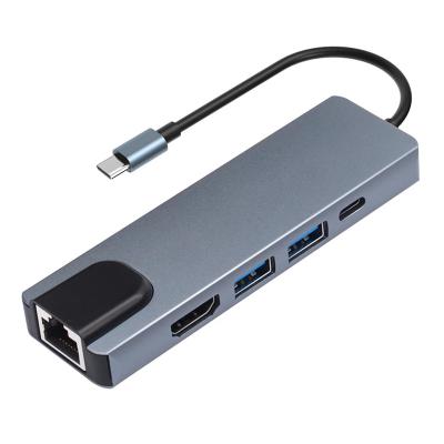 China Aluminum Alloy 5 In 1 USB Type C Hdtv Hub 4K USB C Hub To Rj45 Lan Adapter For Mac Pro Book Thunderbolt 3 USB-C Charger for sale