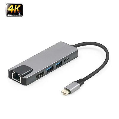 China Aluminum Alloy USB C Hub 5 in 1 with USB 3.0 RJ45 HD MI 4K PD Charging Laptop Mobile Phone Pad for sale