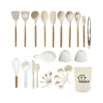 China Sustainable 28pcs Heat Resistant Silicone Cooking Utensils Set for Non Stick Cooking Kitchen Utensil Spatula Set w Wooden Handles BPA Free for sale