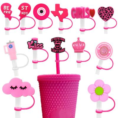 China Stocked 8mm Factory Price Wholesale Eco-friendly Reusable Straw Lids For Tumblers Pink Cute Rubber Kawaii Silicone Straw Toppers for sale