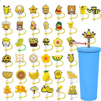 China Stocked 8mm Flower Silicone Hamburger Pikachu Reusable Wholesale Holiday Rubber Straw Charms Toppers Yellow Straw Topper for sale