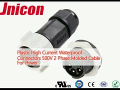 Plastic High Current Waterproof Connectors 500V 2 Phase Molded Cable For Power