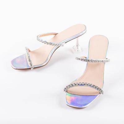 China Decoration Kitten Heel Mules Slippers Sandal Kitten Style Square Toe Rhinestone Decoration Rhinestone Sandal 2019 New Rhinestone Decoration for sale