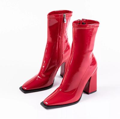 China Italian Winter Shoes Italian Winter Shoes Block Heeled Ankle Boots Christmas Candy Red Square Toe Boots For Women Italian Winter Shoes for sale