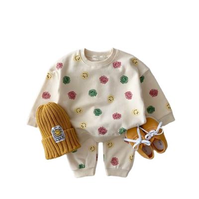 China INS Anti-Shrinkage Children's Clothing Suit Fall/Winter Baby Thick Long Sleeve Print Smiling Top + Pants 2 Pieces Suit for sale