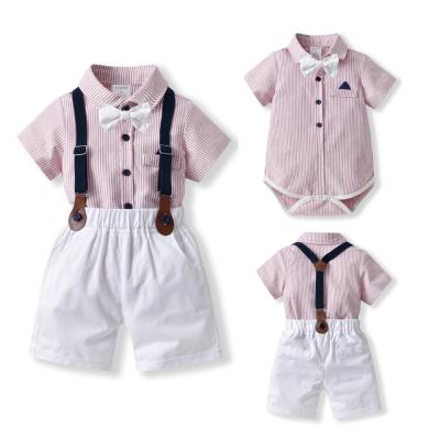 China Baby Boy Anti-Shrink Outfit Sets 2022 Baby Romper Suit Newborn Summer Short Sleeve Striped Romper+Shorts Suit for sale