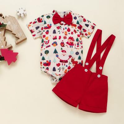 China Baby Boy Breathable Christmas INS Bow Tie Short Sleeves Romper + Strap Pants Kids Two Piece Set for sale