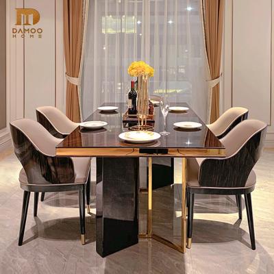 China Modern Unique Rectangular Shaped Verneer Black Wood Dining Table With 6 Chairs Rectangular Dining Set for sale