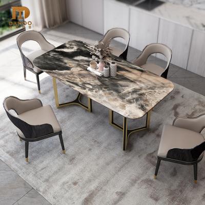 China Modern Luxury Rectangular Shape Dining Sets Furniture Brown Marble Dining Table Set for sale