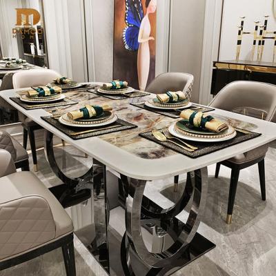 China Large Luxury Modern Marble Dining Table Set Silver Rectangular Stainless Steel Table Dining Sets for sale