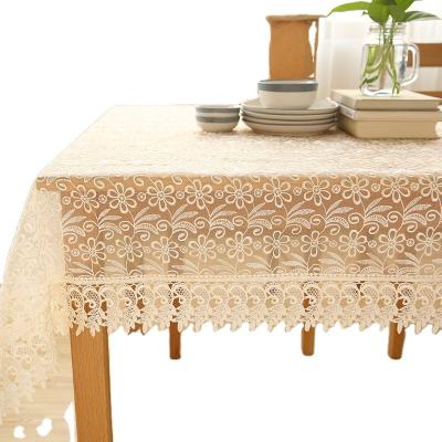 China Non-slip three-dimensional rectangle pattern tassel dining table cover floral embroidered fabric lace pastoral white tablecloth for sale