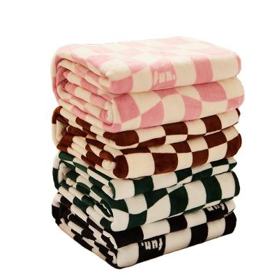 China INS Milk Lamb Flannel Sherpa Polyester Plaid Double Layer Pink Throw Checkerboard Anti-Static Blanket For Winter for sale