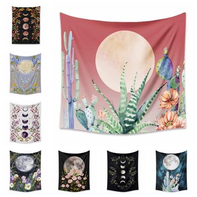 China Viable Moon Phase Tapestries Flower Floral Vine Black Background Tapestry Wall Hanging For Room for sale