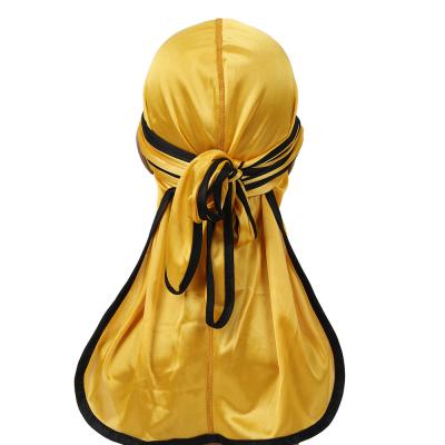 China Color Unisex Long Turban Durag Solor Satin Band Scarf Hat Fashion Silky Headwrap RAR-054 for sale