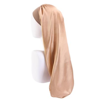 China Silky Satin Hood Long Hair Night Hat Solid Color Elastic Sleep Hat RAR-097 for sale