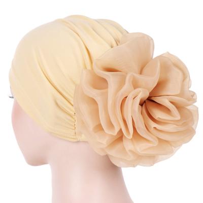 China Turban Woman Style Big Flower Elastic Cloth Chemo Cap Muslim Headwrap Striped Hair Accessories for sale