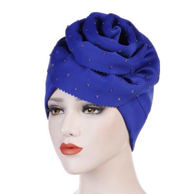 China Women's Large Flower Style Turban Striped Space Cotton Beads Hood Hat Solid Color Breathable Headwrap for sale