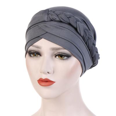 China Women Hair Loss Muslim Stretch Turban Covers Cancer Chemo Hat Solid Color Braid Head Scarf Beanie Bonnet RAR-176 for sale